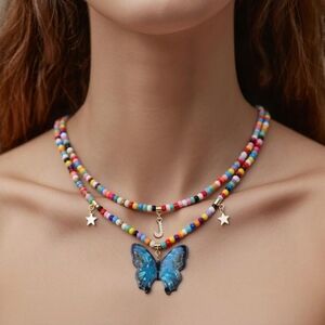 Colorful Initial Layered Necklaces for Girls, Stackable Choker Beaded Butterfly